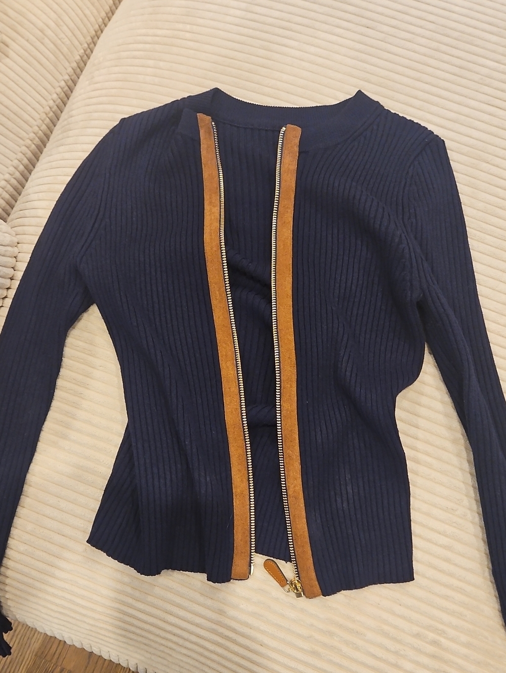 Commense Navy Ribbed Zip Cardigan with Tan Trim